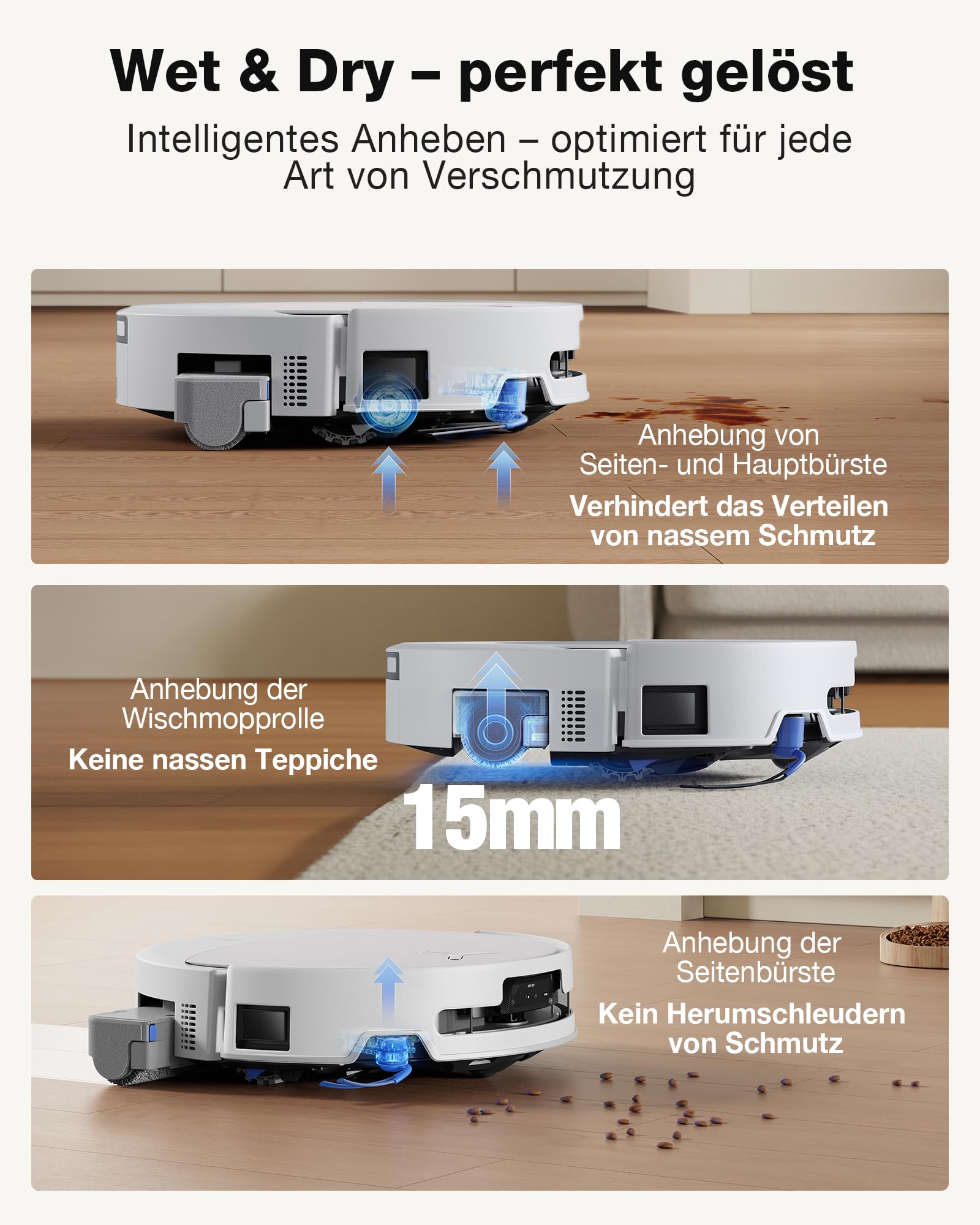 ECOVACS DEEBOT T90 Omni Saugroboter mit Wischfunktion, Roboterstaubsauger 30.000 Pa, OZMO-Roller 3.0, Triple Lift, TruePass 4WD, AIVI 3D 4.0, Haustierpflege, Frischwasser-Hochdruckreinigung, Weiß 6