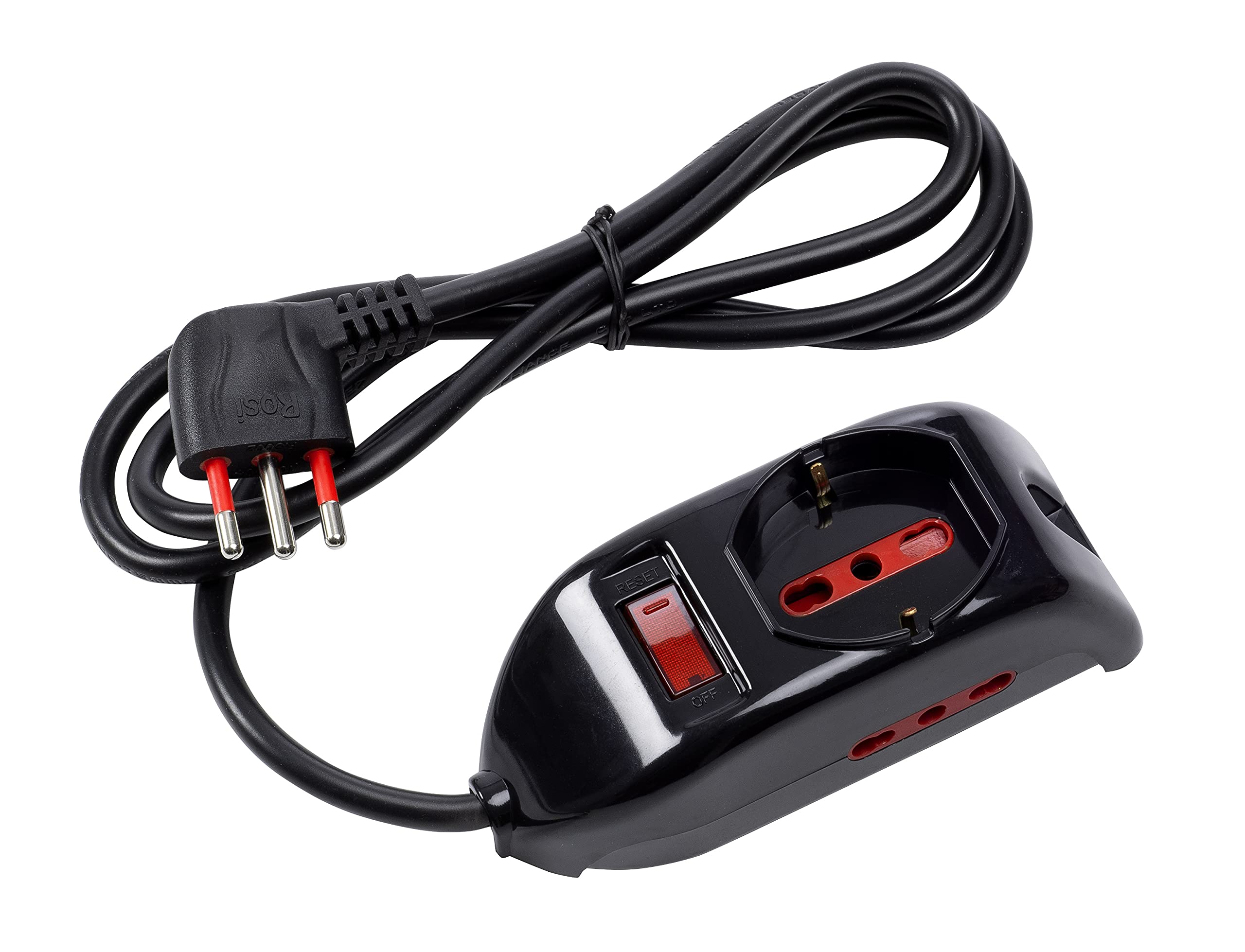 ROSI Emilia Series Multi-Socket Power Strip, 1 x Schuko + 2 x Double Socket, 1.5m Black Cable, 10A, Safety Limiter