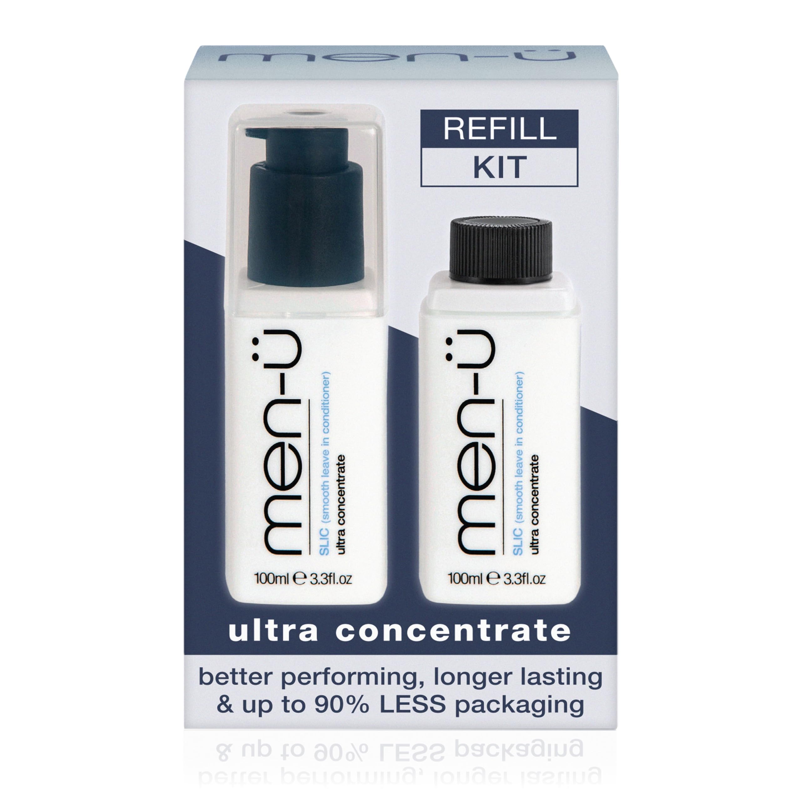 men-u SLIC (Smooth Leave In Conditioner) REFILL STARTER KIT, Leave in mens conditioner w/Ultra-concentrate vegan formula, UP TO 200 APPLICATIONS, Hair care – hair conditioner 100ml Bottle + Refill