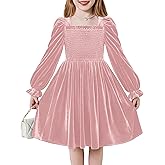 Arshiner Toddler Velvet Dress Girls Smocked Square Neck Puff Long Sleeve Party Dresses with Pockets 3-8Y