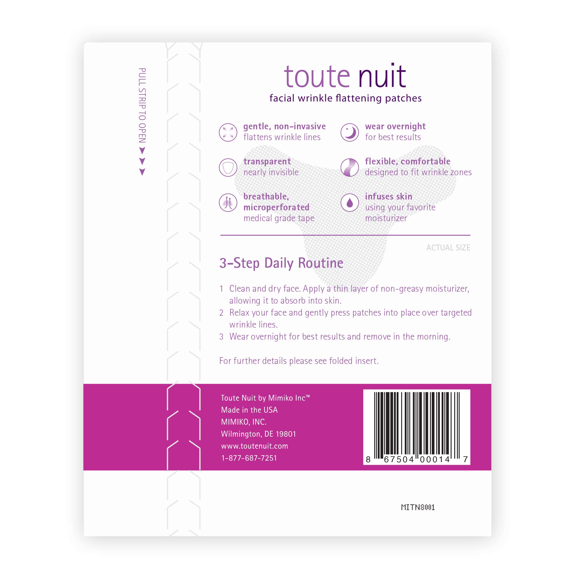 Toute Nuit Wrinkle Patches – Y Shape – Face Tape for Forehead, Between the Eyes & Around Mouth – Hypoallergenic Anti Wrinkle Patches – 20 Count, Made in USA