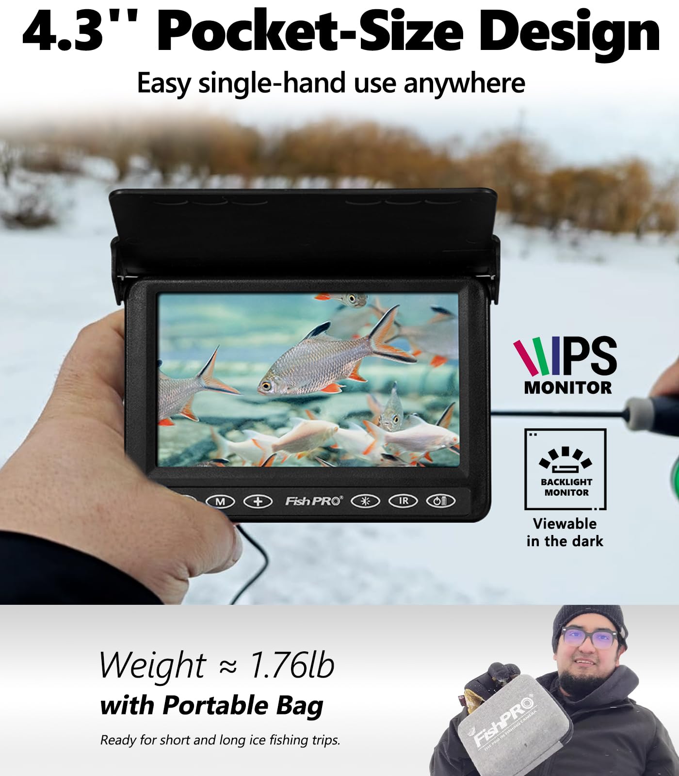 [FishPRO® 2026 Upgrade] Underwater Fishing Camera 4.3'' [Proven Since 2017] Ice Fishing Camera 1000 TVL w/ 65ft Magnetic-Spool, IR, USB-C, 5000mAh, Portable Fish Finder for Ice Lake Boat Kayak Fishing