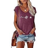 YITAN Women Beach Graphic Sea Tturtle T-Shirt V-Neck Cap Sleeve Tops