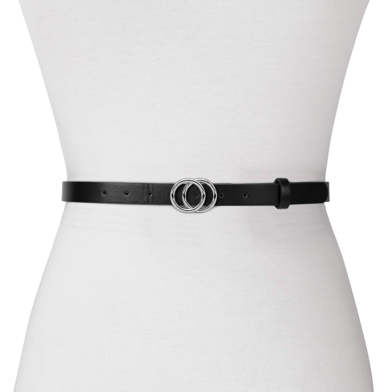 Women Leather Double O Ring Buckle Belt, Fashion Skinny Thin Waist Belt for Jeans Pants Dresses By Whippy