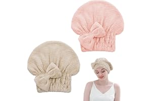 FRIUSATE 2 Pack Microfiber Hair Towel Cap, Soft Absorbent Hair Towel Wrap Women Drying Hair Cap Turban Towel with Bow-Knot Shower Cap for Curly, Long, Thick Hair Wet Hair (Khaki, Pink)