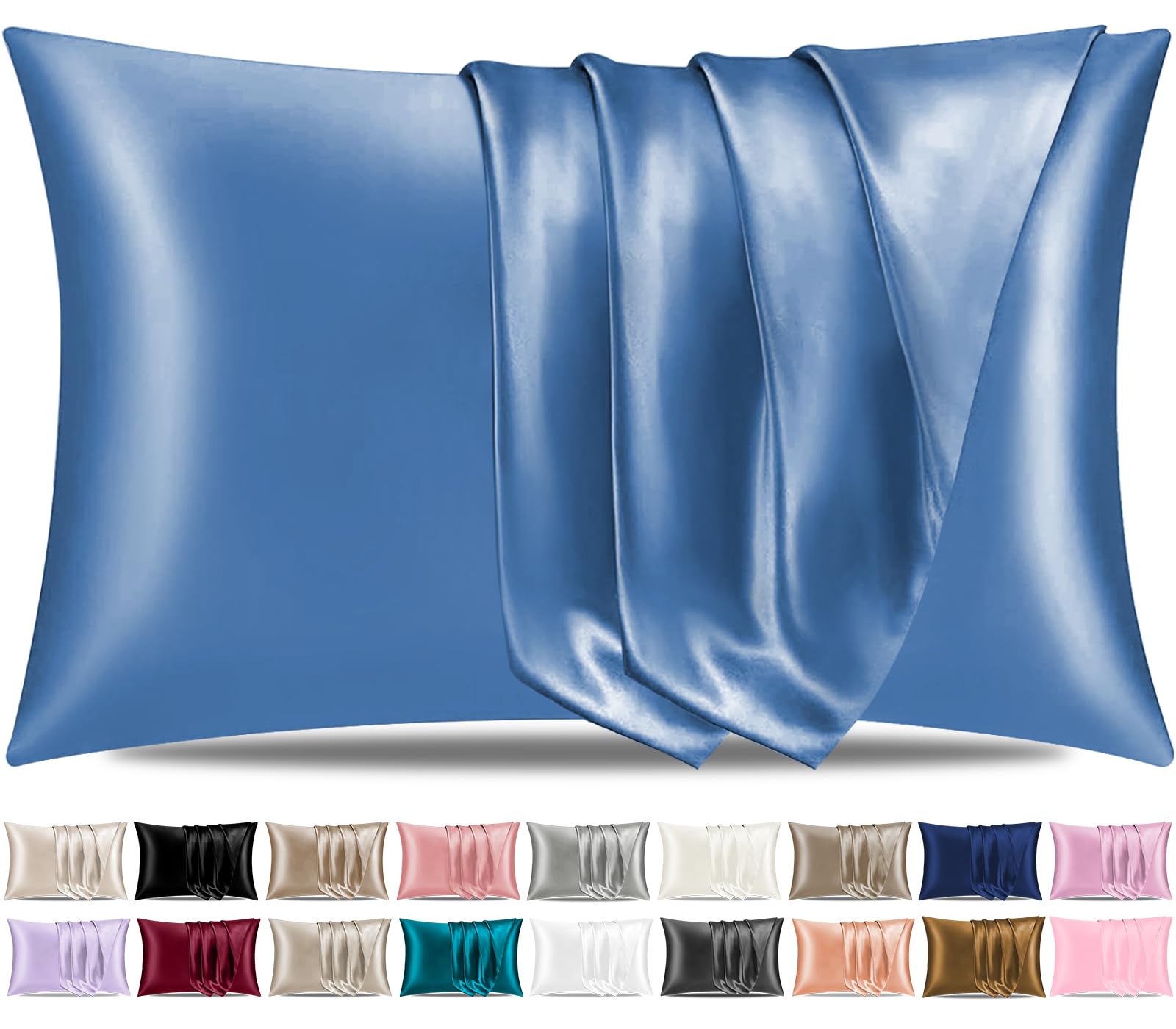 Pamposh Satin Silk Pillowcases For Hair And Skin 2 Pack Standard Size with Envelope Closure (2 Pcs Pillowcases (50 x 75 cm), Airy Blue) — image 1