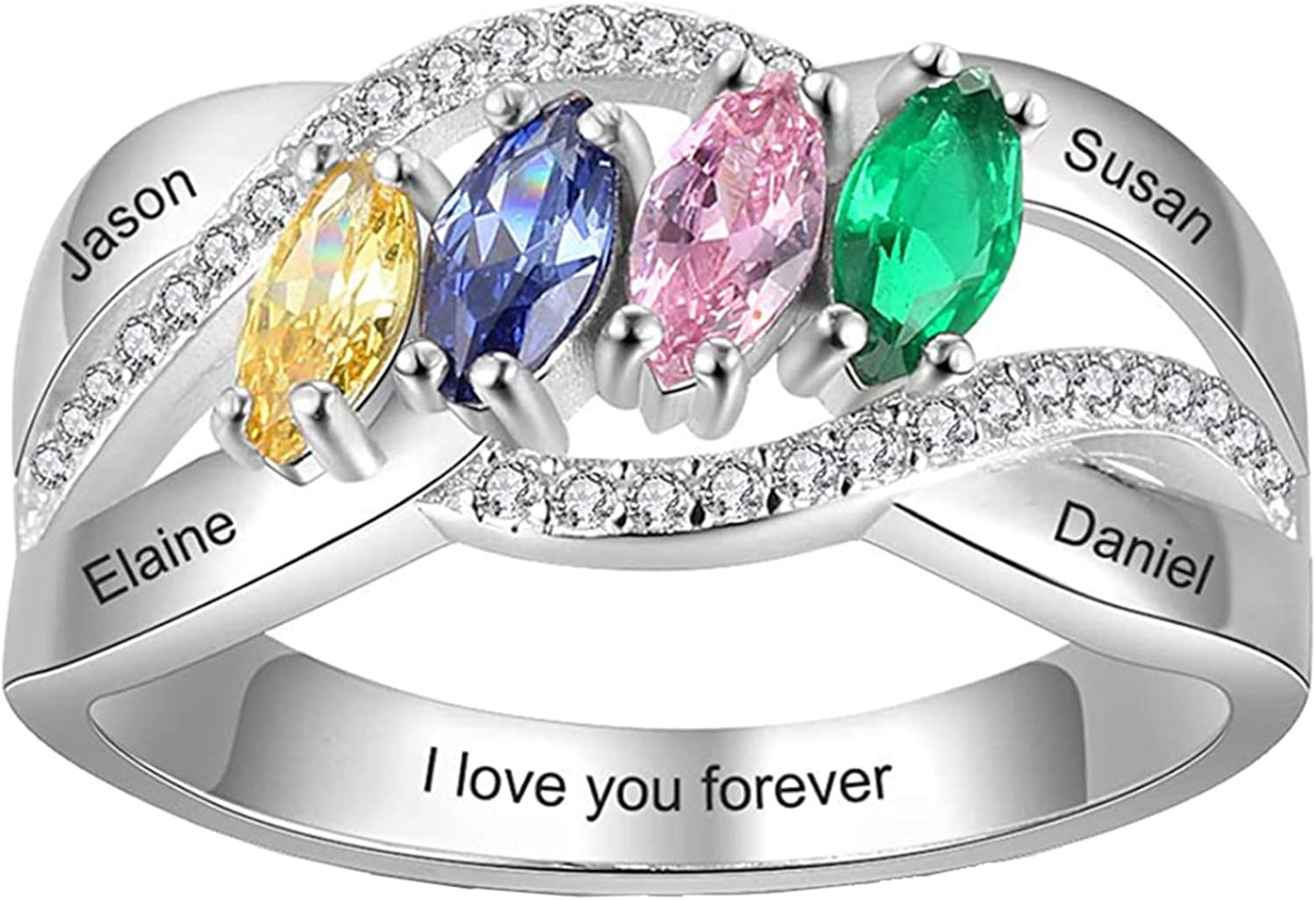 Personalised Family Ring Engraved 4 Names and Promise Ring Birthstone