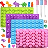 ENBRWAS Mini Gummy Bear Candy Molds, 4 Trays, 201 Cavities, 3 Droppers | Bear, dinosaur, donut and heart shapes; BPA-free flexible silicone for gummies, candy, chocolate and jelly treats