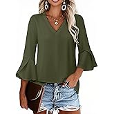 VICHYIE 3/4 Sleeve Tops for Women Summer V Neck Ruffle Sleeve Shirt Loose Dressy Casual Blouses Fashion