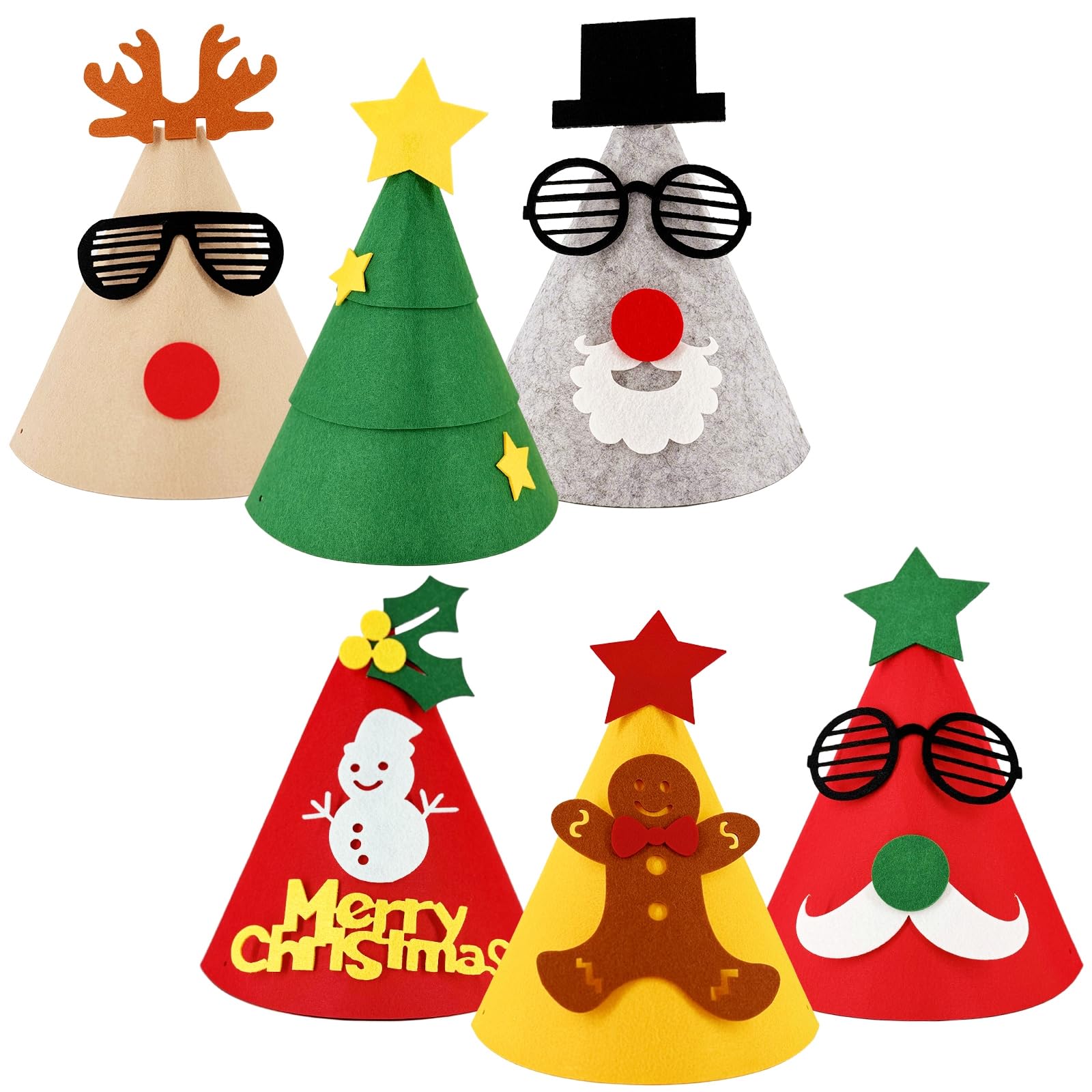 6pcs Large Christmas Crackers Party Hats for Kids, Adults - Funny Jokes Xmas Cracker Cone Felt Hat for New Year's Eve, Reusable Festive Hats for Holiday Party Favors
