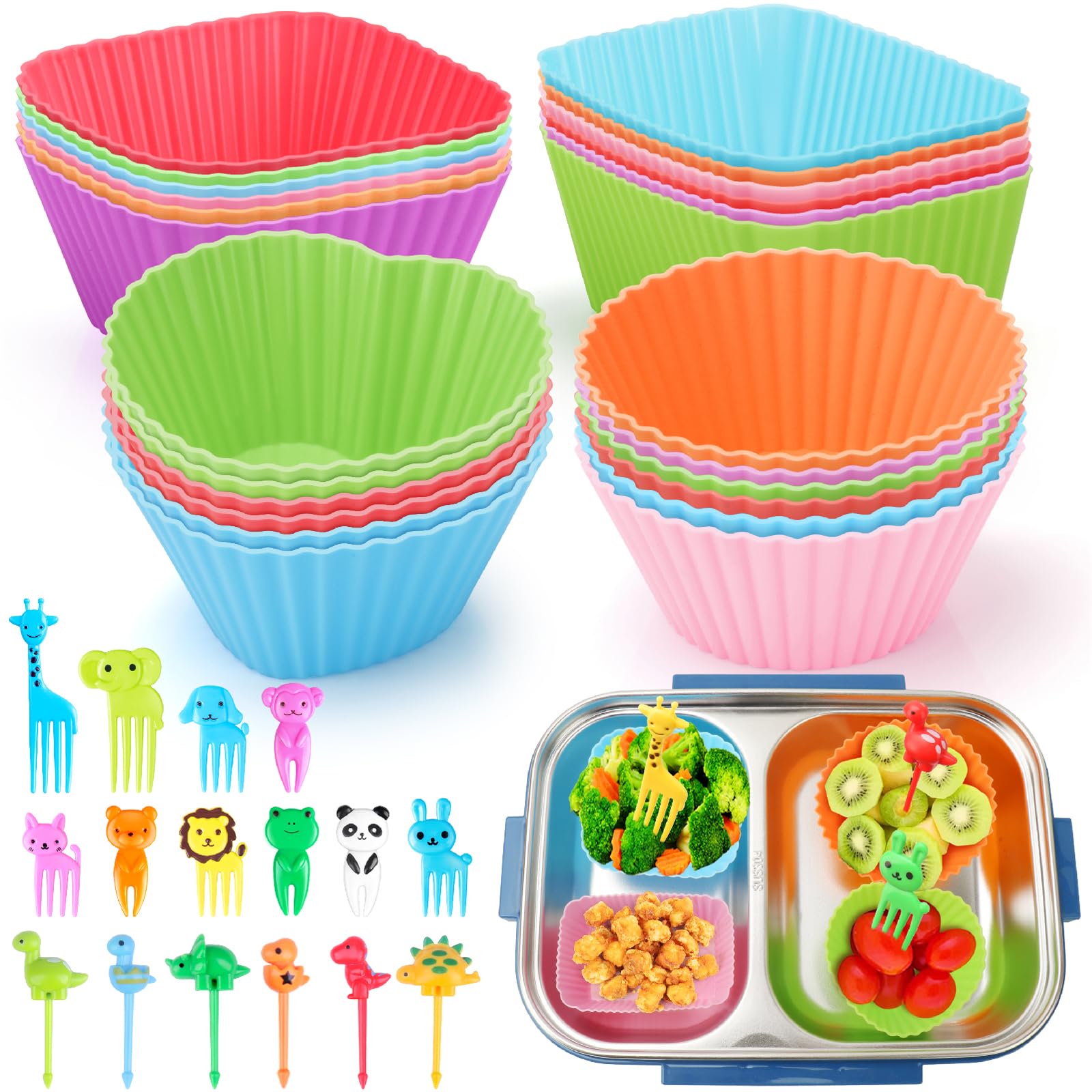 Photo 1 of 100PCS Silicone Lunch Box Dividers for Kids Lunch Accessories Set, Including 24 Reusable Silicone Cupcake Liners Baking Muffin Cups with 76 Animal Food Picks for Kids, Lunchbox Bento Box Accessories
