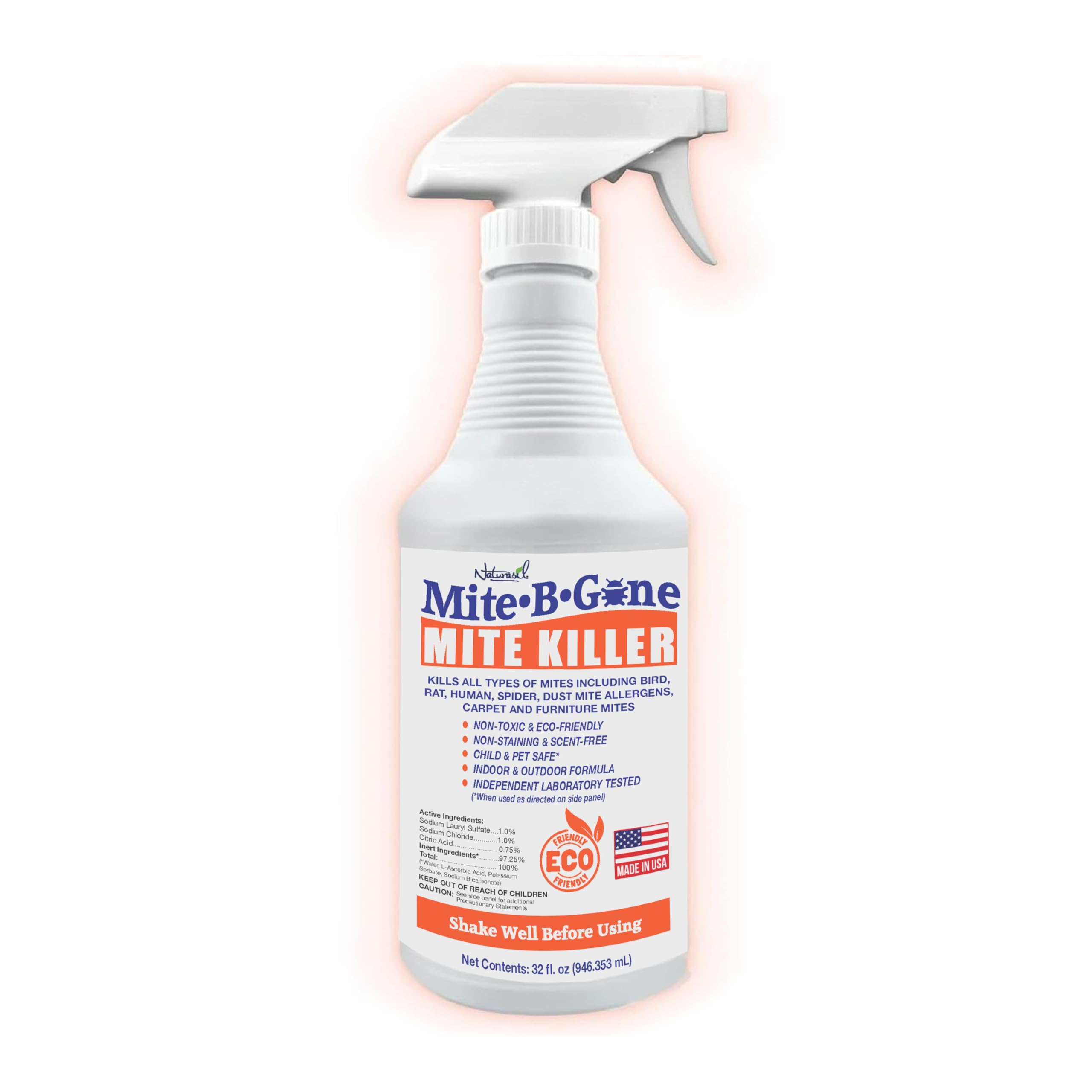 Mite Killer Spray by Mite-B-Gone Treatment — Kills Human Mites, Dust, Spider, Rat, Carpet & Bird Mites in Homes, Furniture, Bedding, Auto & On Animals | Non-Toxic | Kid & Pet Safe | 32oz Spray