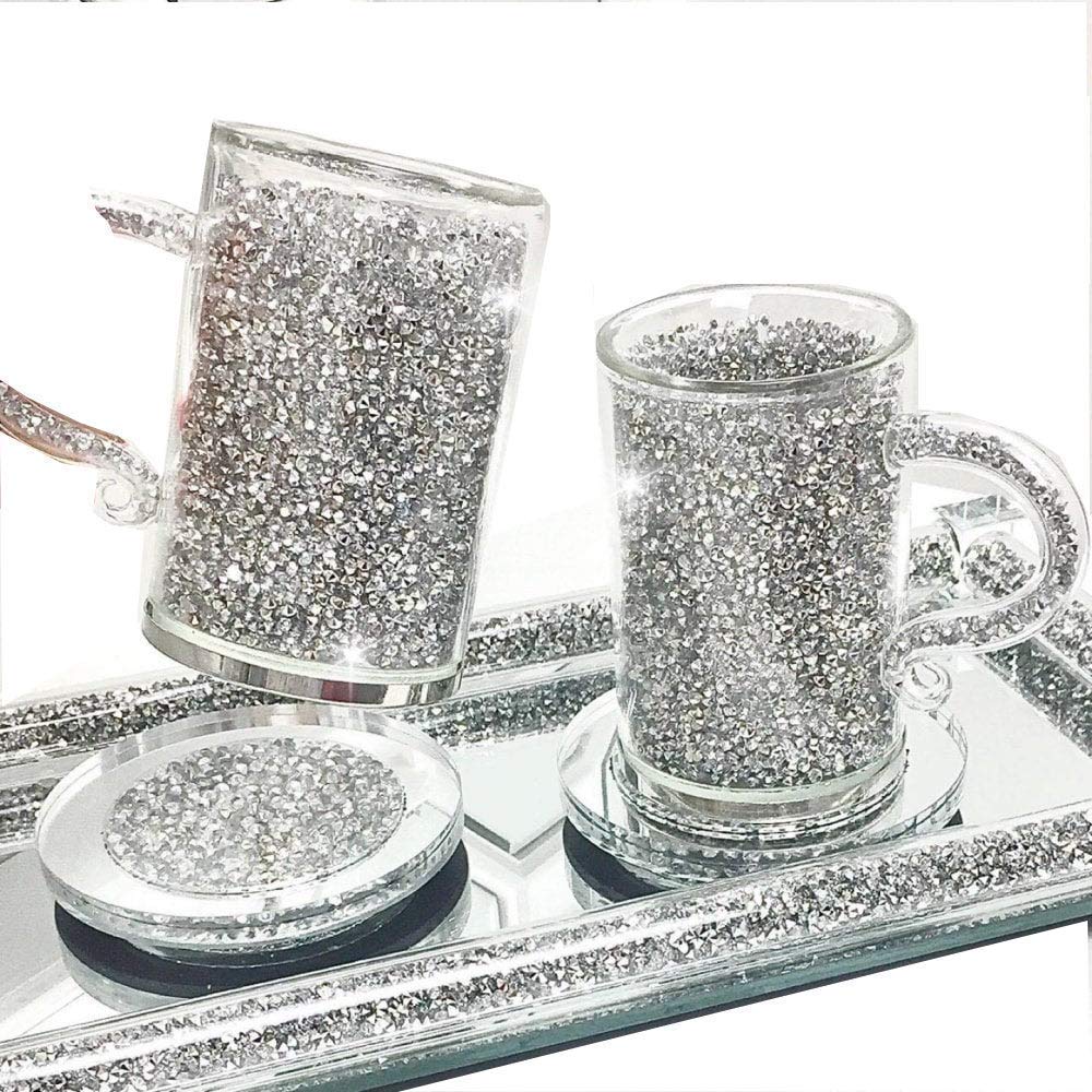 Amazing Gift Silver Crushed Diamond Crystal Filled Glass Mug Turkish Coffee Tea Cup And Saucer Set Of 2 Best Kitchen Decor