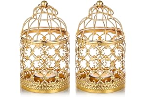 NUPTIO 2 Pcs Small Metal Tealight Hanging Birdcage Lantern, Vintage Decorative Centerpieces of Wedding, Party, Gold