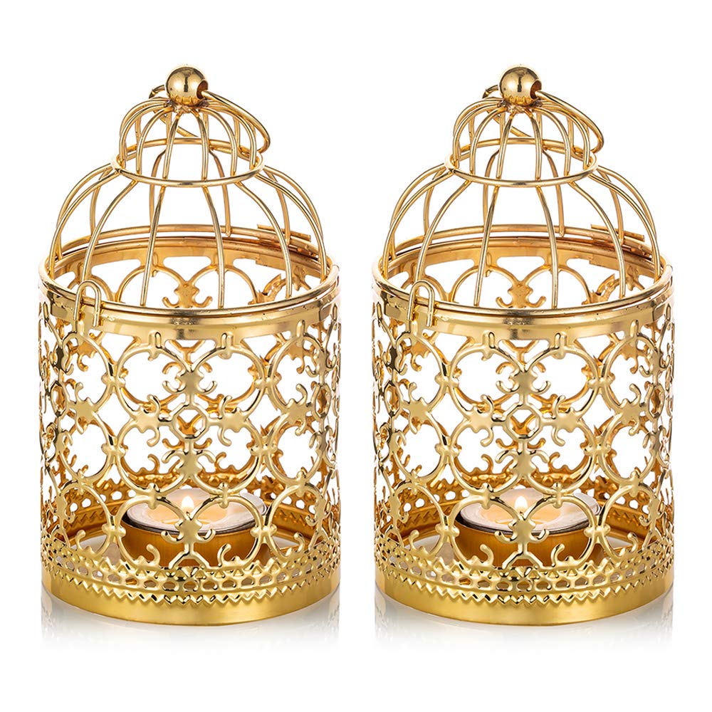 NUPTIO Lantern Ramadan Decoration Tealight - 2 Pcs Gold Hanging Tea Light Candle Holder Lanterns Metal Vintage Decorative Centerpieces of Wedding & Party Small