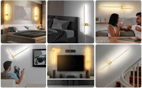 GOODATE WALL SCONCES SET OF TWO WITH REMOTE, STEPLESS COLORS 3000K-6500K & STEPLESS DIMMING, HARDWIRE OR PLUG-IN, 180° ROTATE, LED GOLD PLUG IN WALL SCONCES WITH TIMER & NIGHT LIGHT, 23.6 INCHES