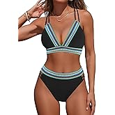 Fanuerg Women's V Neck Bikini Sets Color Block Two Piece Swimsuit Mid Waist Crisscross Back Bathing Suit