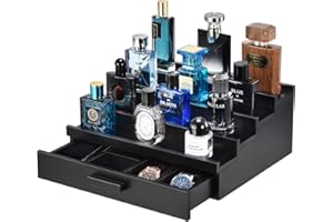 GLOKUUCA Perfume Organizer for Men, 4 Tier Wood Perfume Display Stand with Velvet Lining Drawer and Hidden Compartment for Watch,Jewelry,Perfume Display Risers,A Gift for Men (Black)