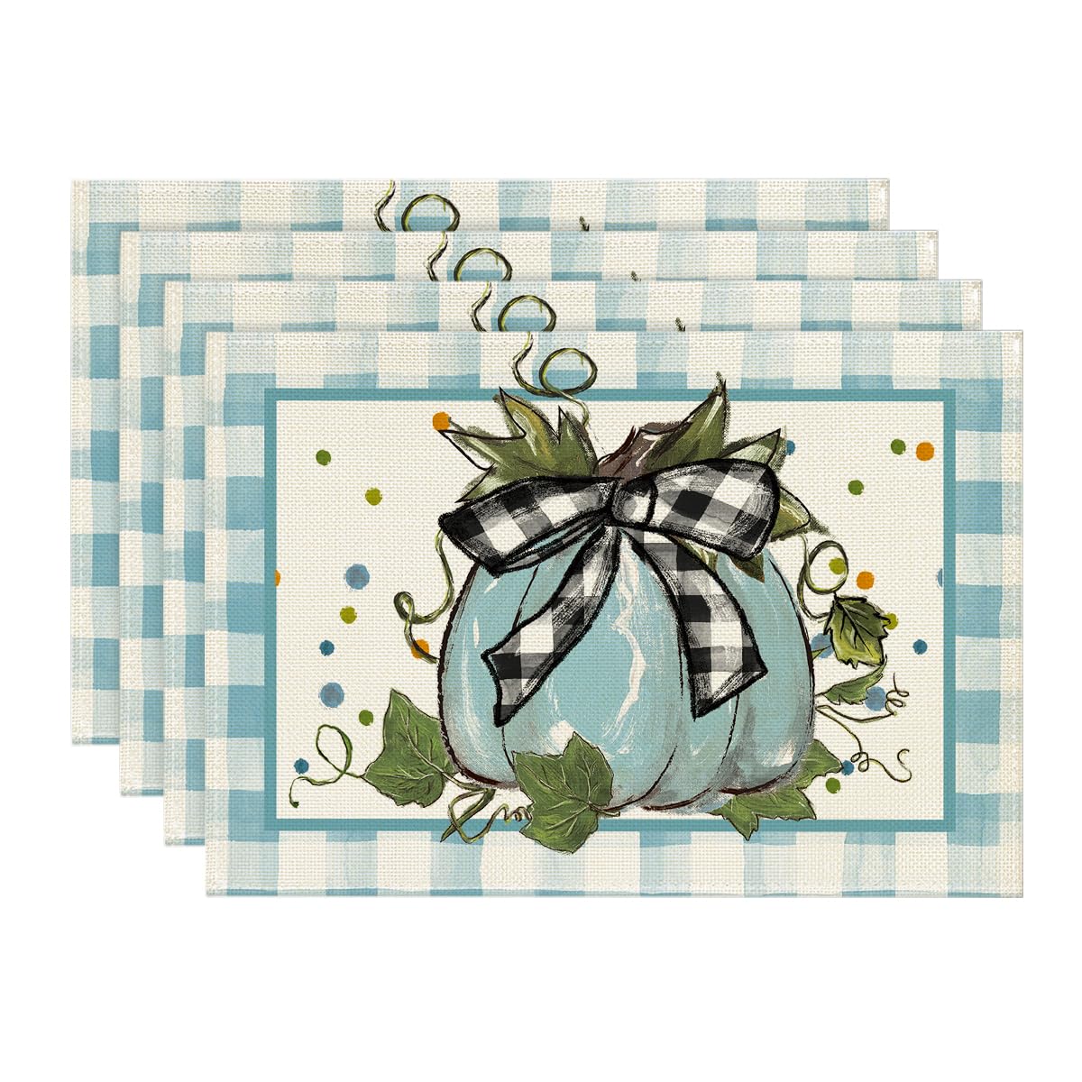 Photo 1 of Artoid Mode Blue Pumpkin Plaid Leaves Fall Placemats Set of 4, 12x18 Inch Seasonal Thanksgiving Holiday Table Mats for Party Kitchen Dining Decoration