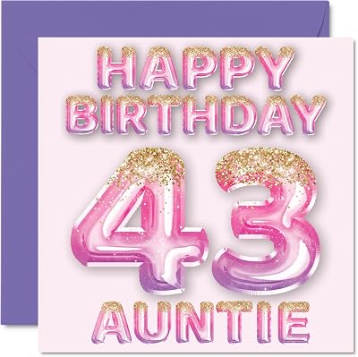 Stuff4 43rd Birthday Card Auntie Pink Purple Glitter Balloons 145mm UK