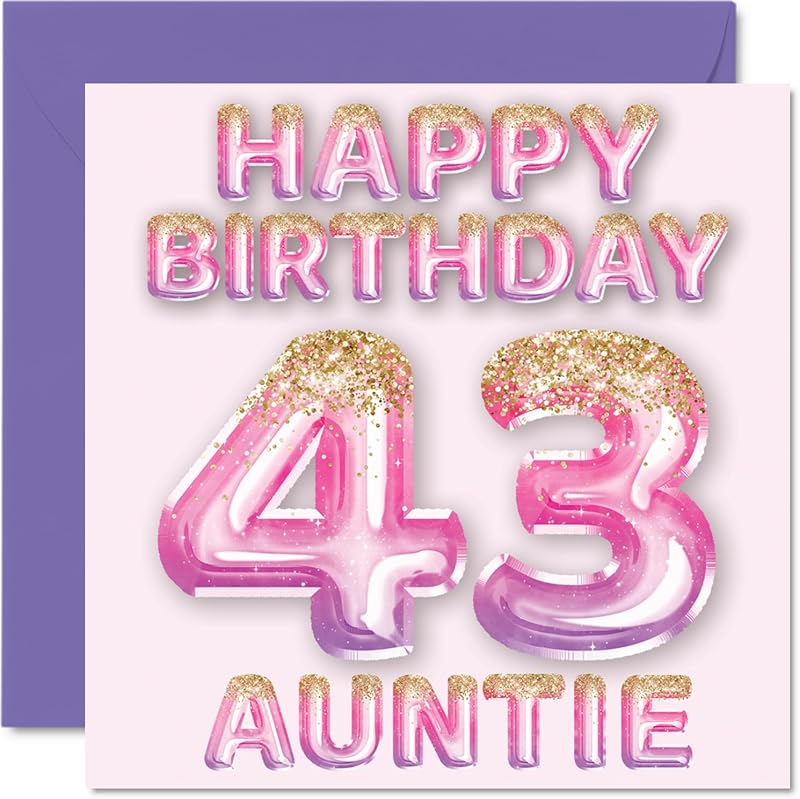 Stuff4 43rd Birthday Card Auntie Pink Purple Glitter Balloons 145mm UK