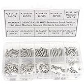 MCMASKE 260PCS #2-56 UNC Stainless Steel Phillips Flat Head Machine Screws Hex Nuts Assortment Kit