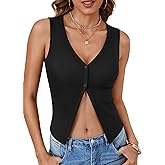 Rooscier Womens Sexy Button Down Tank Top Ribbed Knit Deep V Neck Sleeveless Cami