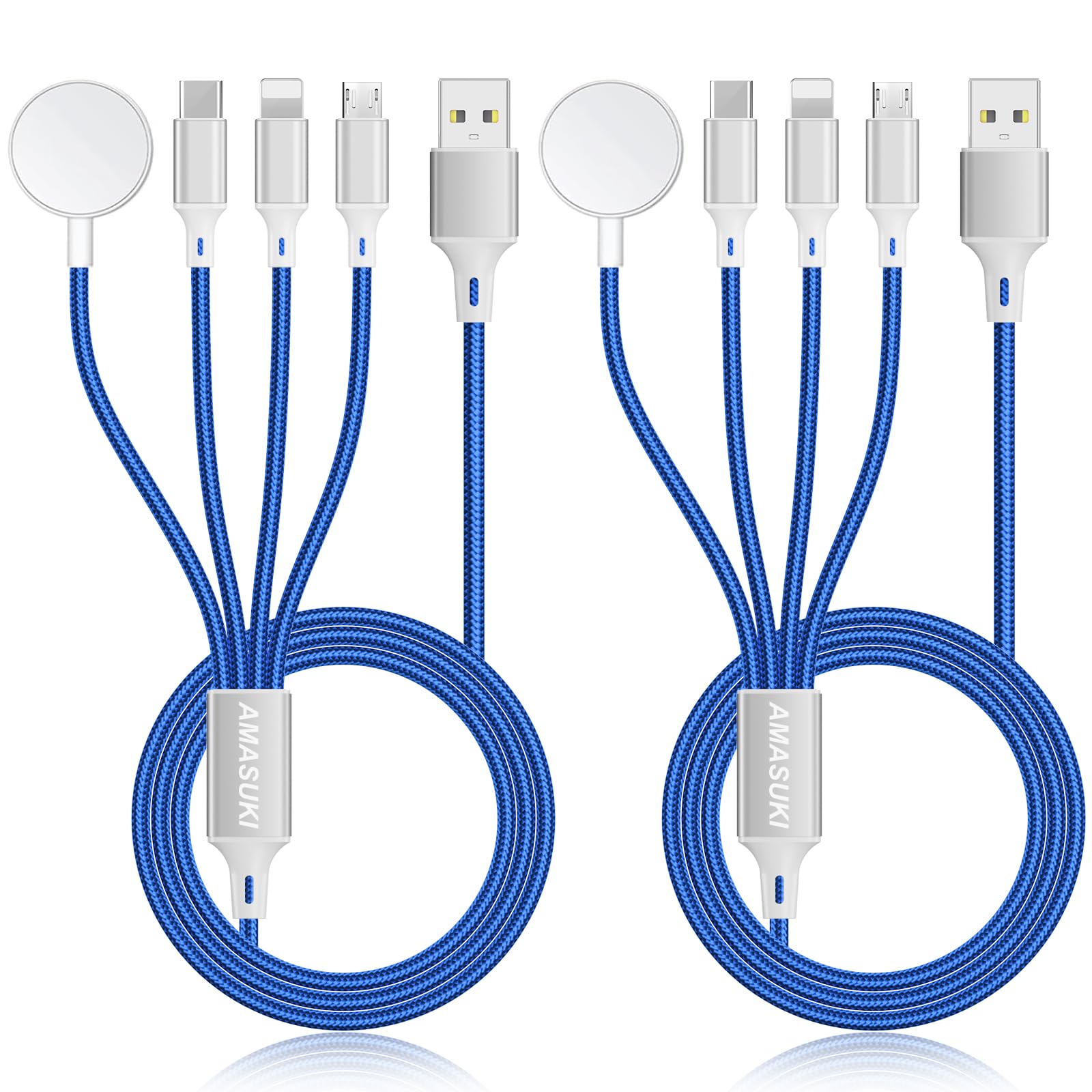 Photo 1 of 2Pack Multi Charging Cable for Apple Watch Charger 4 in 1 Travel Essentials RV Camping Essentials USB C/L/Micro Compatible with iWatch Series 11-1/iPhone 17/16/15/Android Airplane Gadgets-4FT/Blue
