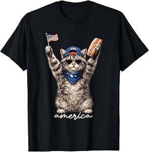 America Funny Cat Hot Dog Lovers Patriotic US Flag T-Shirt