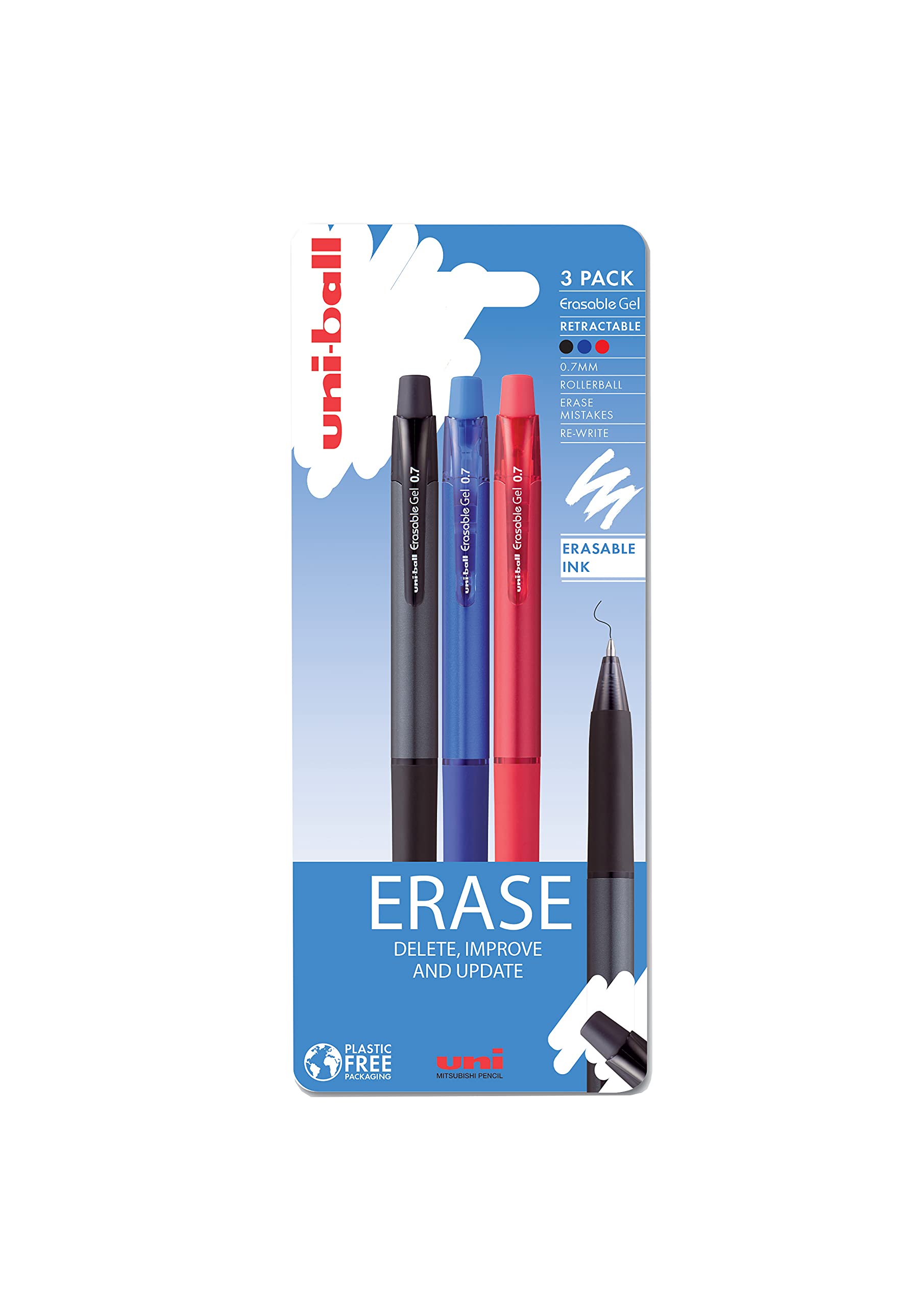 uni-ball URN-181-07 Erasable Ballpoint Gel Ink Pens (3 pack) - Black, Blue & Red, 0.7mm Tip, Erase by Rubbing out, for Writing, Drawing, Sketching, Art & Crafts, Home, School or Work