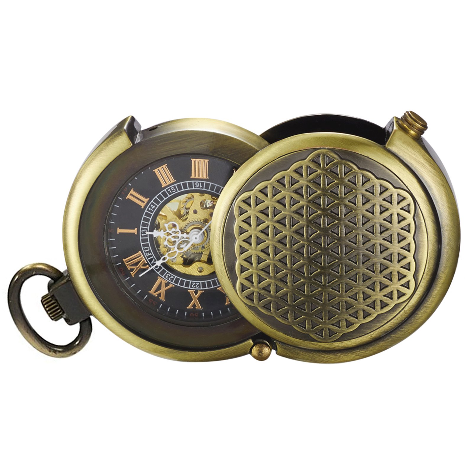 TREEWETO Men's Vintage Archaize Bronze Hide Carved Steampunk Mechanical Pocket Watch with Chain