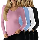 Neer 4 Pack Women's Workout Tops Long Sleeve Compression Shirt Athletic Tight V Neck T Shirt Gym Yoga Running Lightweight Tee