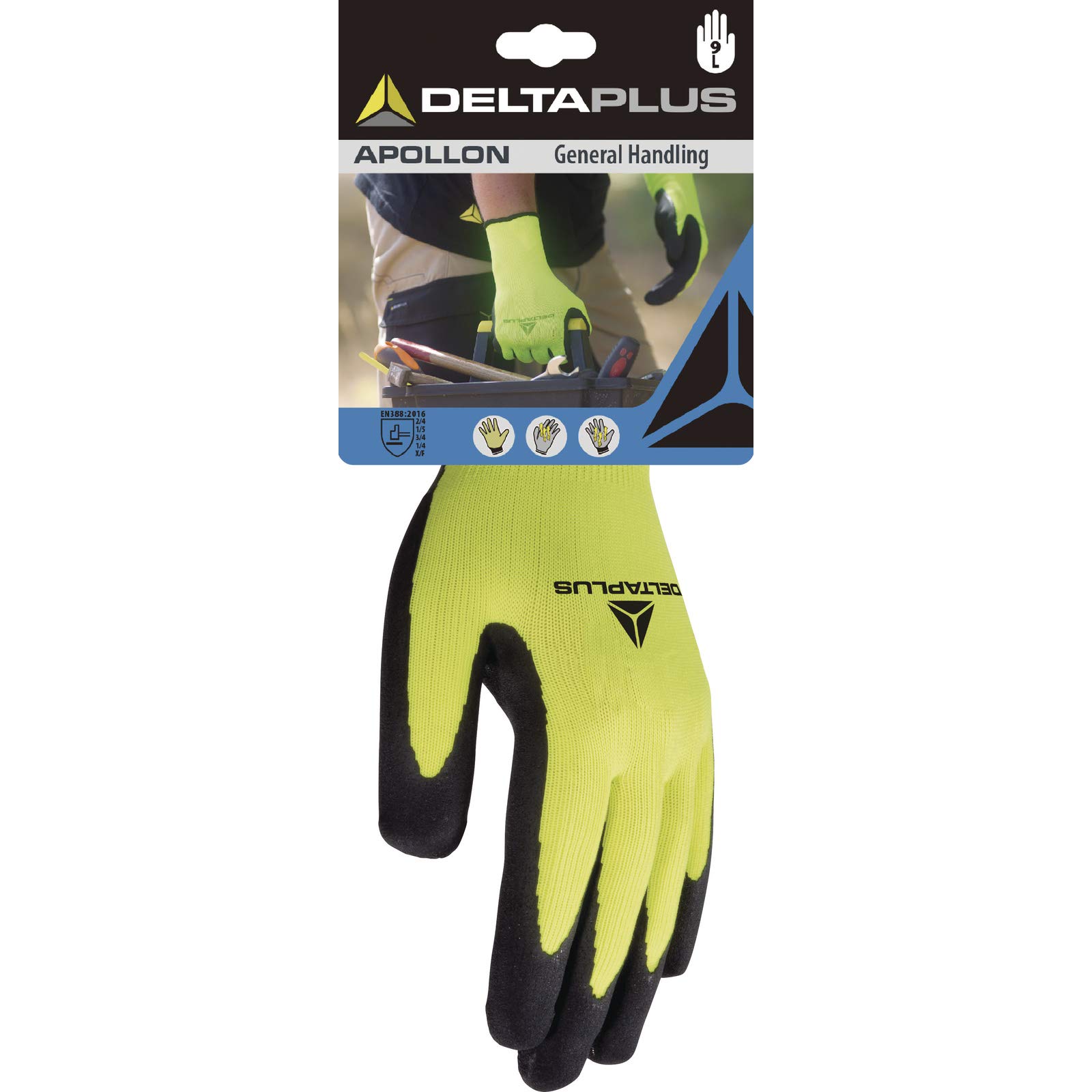 Delta Plus DPVV733JA09 Knitted Gloves, Polyester, Latex Foam Palm Coating, Neon Yellow/Black, 09, DPVV733JA09
