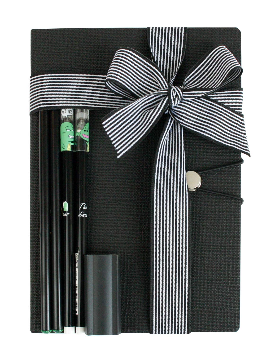 Emartbuy Cool Stationery Unique Gift Set with Textured Hardbound A5 Notebook Journal Gel Pen Pencil Eraser in Ribbon - Black