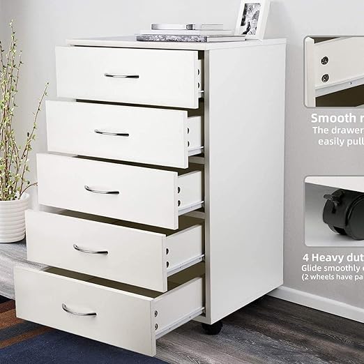 Amazon Com Tusy 5 Drawer Cabinet Storage File Organization Dresser For Home Office With Metal Handles Rollers Wheels White Kitchen Dining