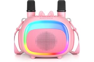 SUDOTACK Mini Karaoke Machine for Kids, Portable Bluetooth Karaoke Speaker with 2 Wilreless Microphones with LED Lights, Christamas Kids Gifts for Girls 4, 5, 6, 7, 8, 9, 10 +Year Old-Pink(KM100)