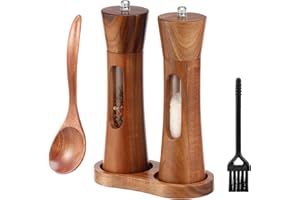 2 Pack Acacia Wooden Salt and Pepper Grinder Set, 8 Inches Manual Salt and Pepper Mill with Tray, Refillable, Adjustable Coar
