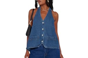Tankaneo Womens Halter Denim Vest Tops Summer Open Back Y2K Going Out Tank Tops V Neck Button Down Jean Shirts