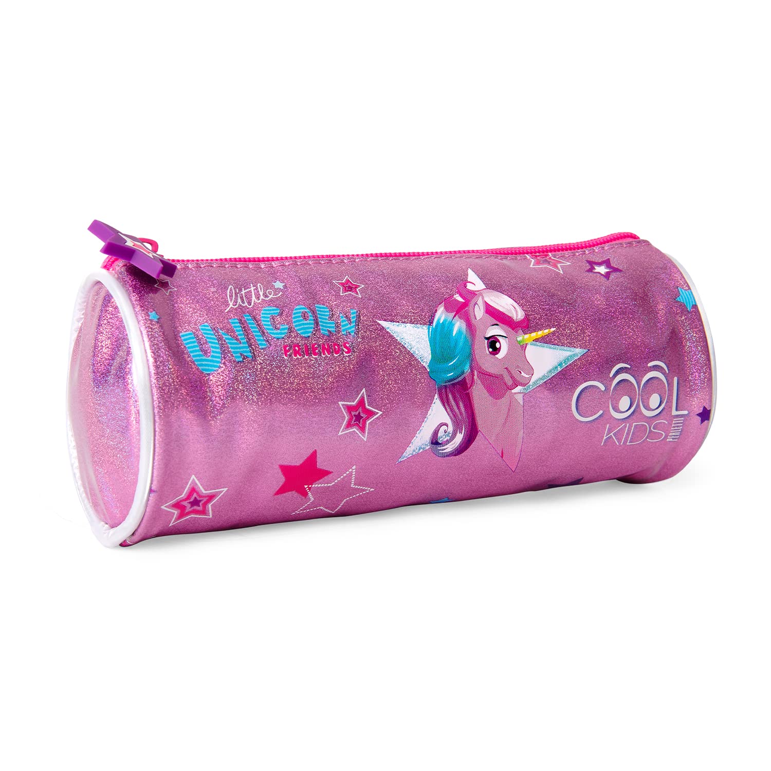 PERLETTI Pencil Case for Girls Unicorn Print with Reflective Details - Pen Pouch for Children Pink Light Blue with Glitter - Kids Pen Case for School Kindergarten with Stars - 5x20x5cm (Unicorn)