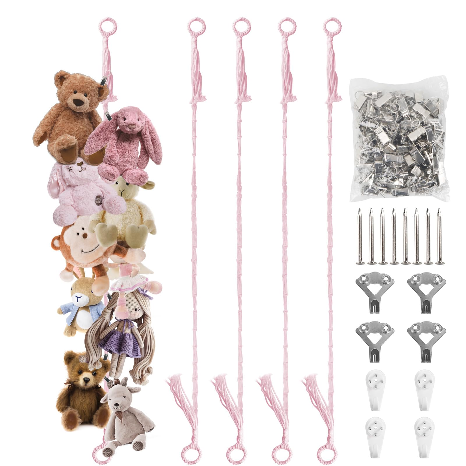 Photo 1 of Munzong Stuffed Animal Storage Chain 80 Inch, 4pcs Pink Hanging Stuff Animals organizer, Cotton Toy Display Chain with 80 Clips, Toys Organizers Holder for Toddler Kids Nursery Room Wall Corner Decor