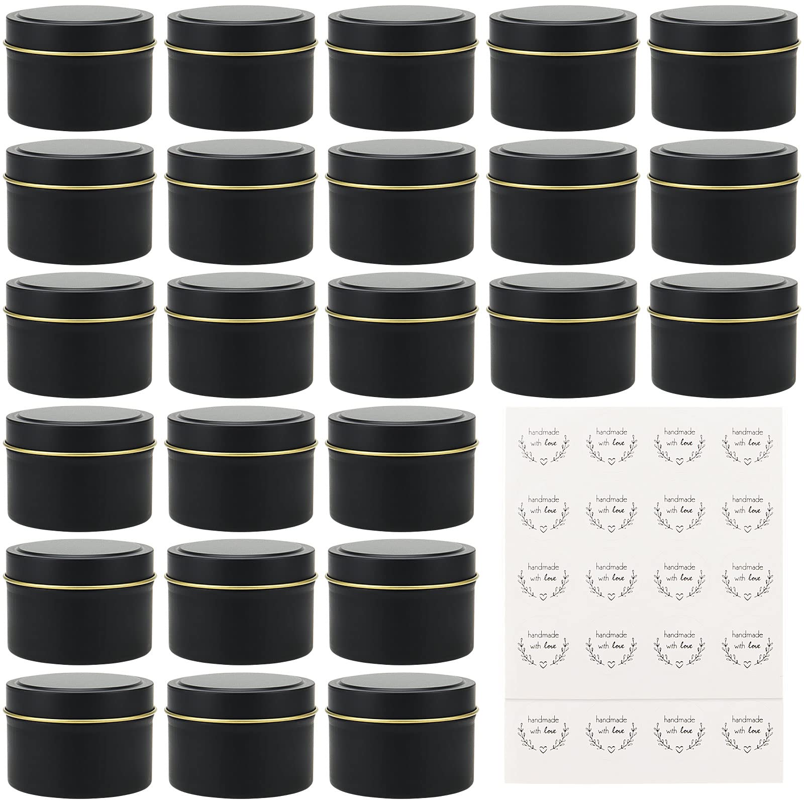 HAKZEON 24PCS 4Oz Candle Tins Bulk with Lids and 32 Stickers, Matte Black Round Small Sample Candle Jars for Candle Making, Storage, Crafts, and More
