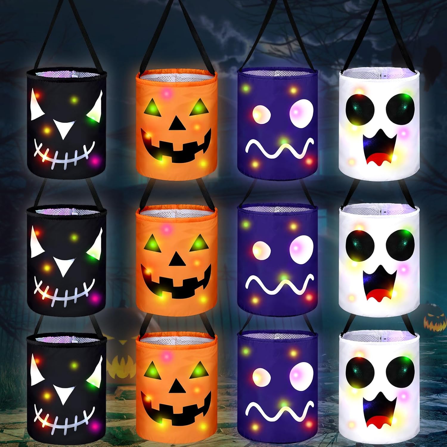 Holiday Décor Storage - Baquler 12 Pcs Halloween Trick or Treat Bucket LED Light Candy Bags Light up Multipurpose Reusable Halloween Baskets for Kids Funny Expression Ghost Pumpkin Pail Halloween Party Favors, 4 Colors