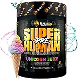 ALPHA LION Superhuman Pre Workout Powder, Beta Alanine, L-Taurine & Tri-Source Caffeine for Sustained Energy & Focus, Nitric Oxide & Citrulline for Pump (21 Servings, Unicorn Juice)