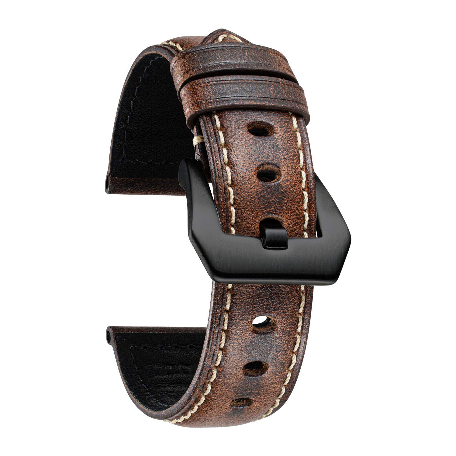 BINLUN Retro Leather Watch Strap for Men 18mm 20mm 22mm 24mm 26mm Handmade Oil Waxed Leather Strap Replacement Vintage Watch Band Stainless Steel Buckle（Brown/Black Buckle,22mm