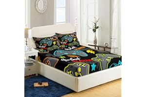 AILONEN Gamer Fitted Sheet Twin Size,Gaming Bedsheets Set,Gamepad Bed Sheet Set for Boys,Boys Video Games Bedding Set,1 Fitted Sheet and 2 Pillow Case,3 Piece