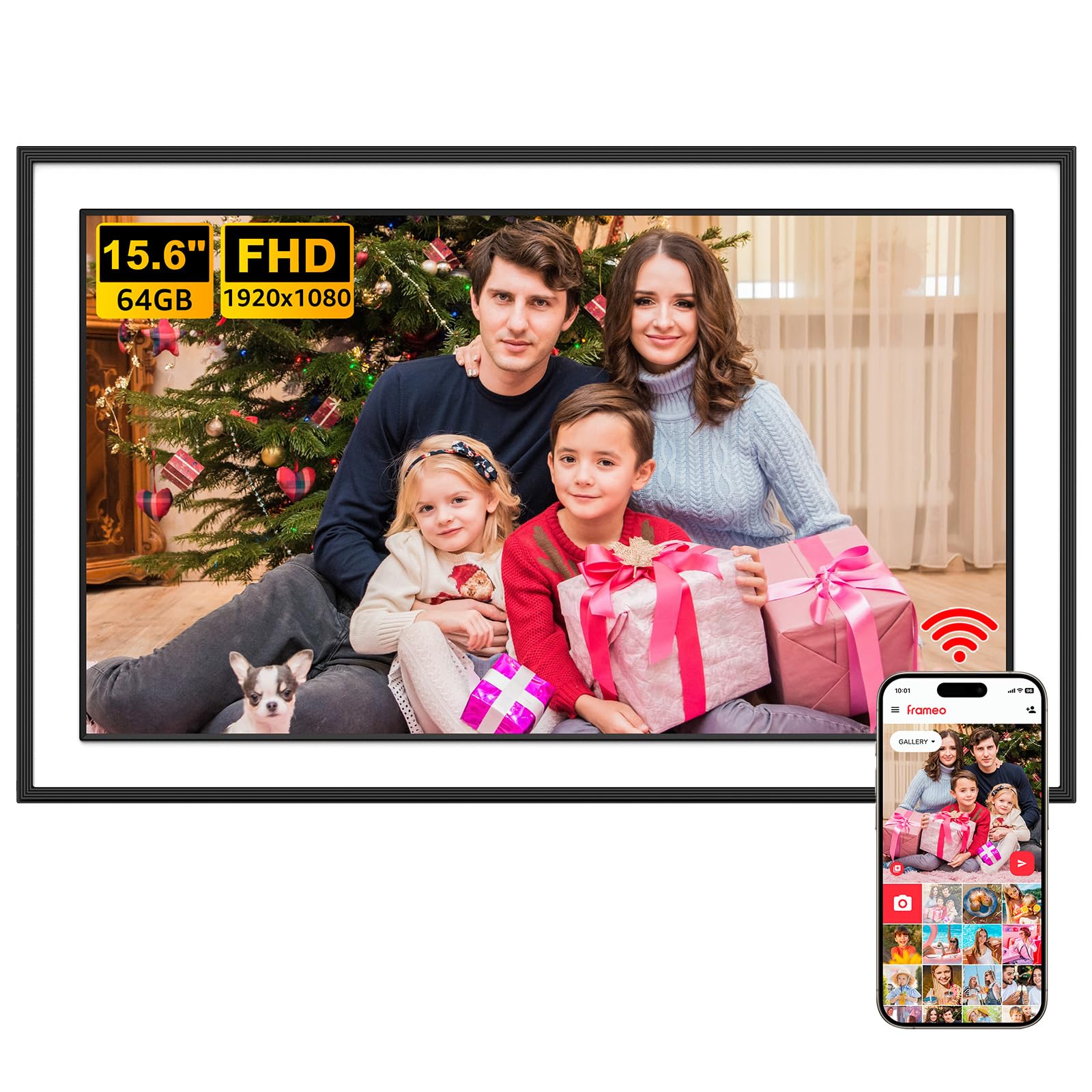 Photo 1 of Frameo 15.6 Inch 64BG Large WiFi Digital Picture Frame, 1920x1080 IPS Full HD Touchscreen, Wall-Mounted Auto-Rotate, Share Photos/Videos and Send Best Wishes via Free App, for Mom