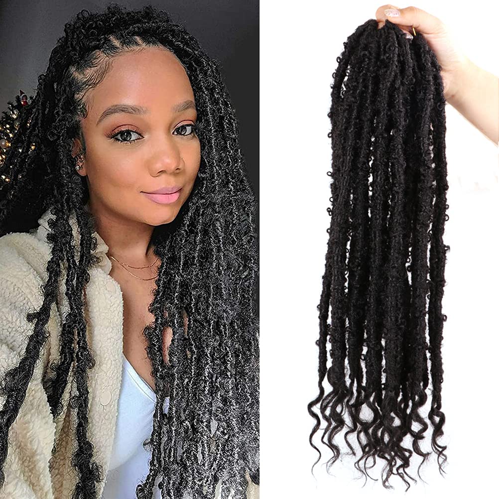 Butterfly Locs Crochet Hair 6 Packs Pre Looped Distressed Locs Crochet Braids Bob Butterfly Locs (1B, 20 Inch (6 Packs))