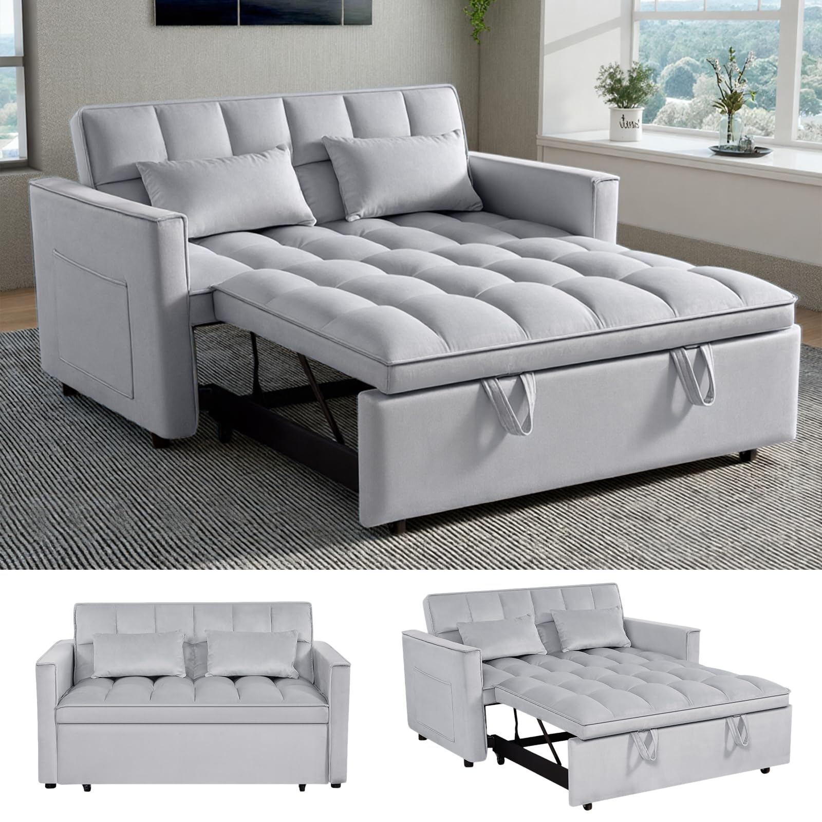 Photo 1 of ComeWay 3-in-1 Sofa Bed, 54" Pull-Out Sleeper Sofa Bed with 3-Level Adjustable Backrest, Velvet Fabric Loveseat Sleeper Couch for Living Room & Bedroom & Apartment & Dorm Furniture, Grey