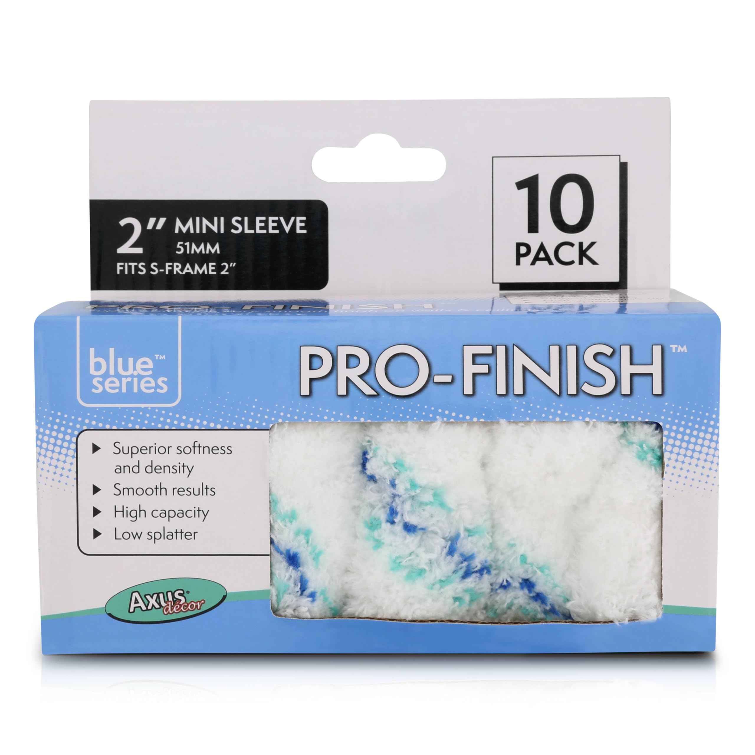 Axus Decor Pro-Finish Roller, Medium Pile (Blue Series) Ultra Fine Finish, Mini Roller Sleeves for Smooth Or Semi Smooth Walls & Ceilings, for Mini Roller Frames, Paint Brush Set, 2"/50mm, 10 Pack