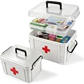 2 Pack Clear Medicine Storage Box with Removable Tray, Large &amp; Small Size Thickened Empty First Aid Box with Carry Handle, Multipurpose Portable Medication Organizer for Home Travel Car Camping